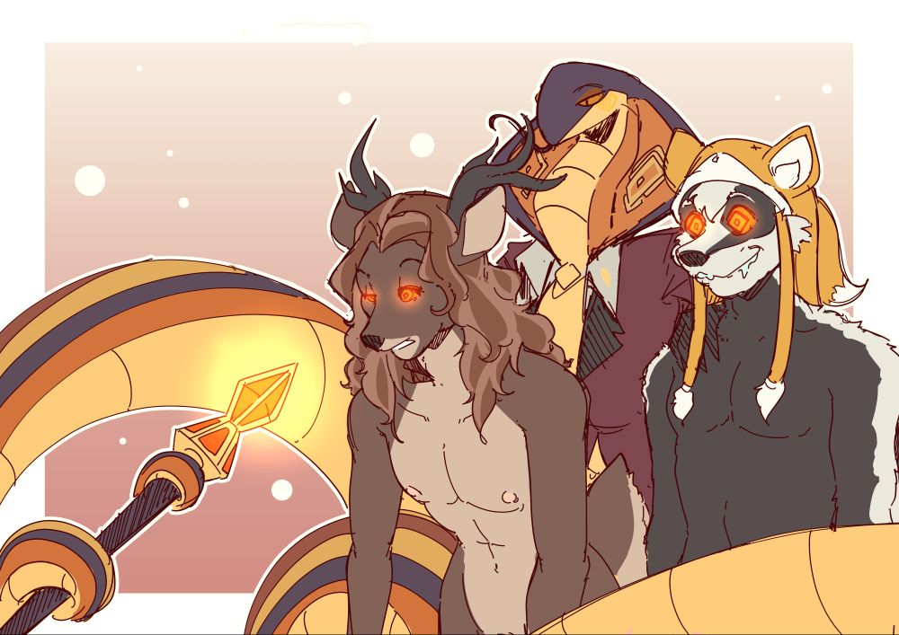 Killian the naga standing behind Milo (on the left) and Foxish (on the right) who are both being hypnotized by Killian's diamond staff. 
Foxish is already pinged from the sight but Milo is still slipping deeper down.