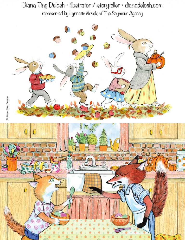 My self-promotion postcard featuring two of my  ink, watercolor, colored pencil, digital illustrations. Top illustration is of a bunny family walking on an autumn day. Mama Bunny holds a pumpkin shaped soup tureen. Sissy holds a leaky bag of apples. Bunny in the striped sweater trips on an apple , causing him to fling his platter of cupcakes into the air. Bringing up the rear is Bunny in red sweater with a pie. He is starring at the airborne cupcakes. The text on the top: Diana Ting Delosh, illustrator • storyteller / dianadelosh.com, represented by Lynnette Novak of The Seymour Agency. © Diana Ting Delosh 