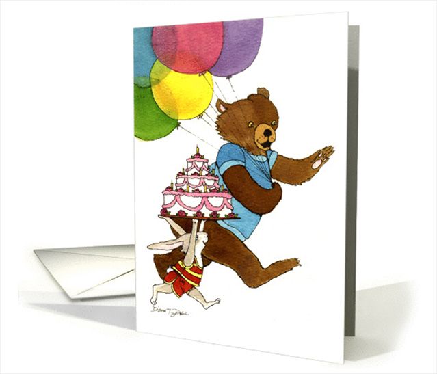 Birthday greeting card with my ink and watercolor illustration of a two animal friends running. The bunny is holding a three tiered birthday cake and the bear is holding colorful balloons. © Diana Ting Delosh