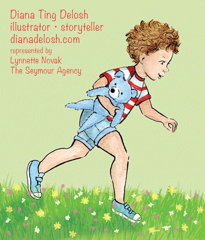 Art Directors, Editors, Designers:
Happy #KidLitArtPostcard Day!
Portfolio: https://dianadelosh.com
Represented by Lynnette Novak of The SeymourAgency.
#kidlitartpostcard #kidlitart #illustrator #illustration #kidlit 
 
My self-promotion postcard features my  ink, watercolor with some digital illustration of a brown haired boy unstriped red tee and denim shorts clutching his blue teddy bear while running across the grass and weedy flowers. The text on the top left: Diana Ting Delosh, illustrator • storyteller, dianadelosh.com, represented by Lynnette Novak, The Seymour Agency
 
The illustration is from a picture book I illustrated, FINN THE REGULAR EVERYDAY DOG by Barbara Gervais Ciancimino. Published byMascot Kids! Spring 2025. 