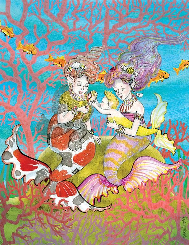 My ink, watercolor color pencil , digital illustration of a grandma, grandkid and mom mermaids sitting undersea among corals and fishes. © Diana Ting Delosh