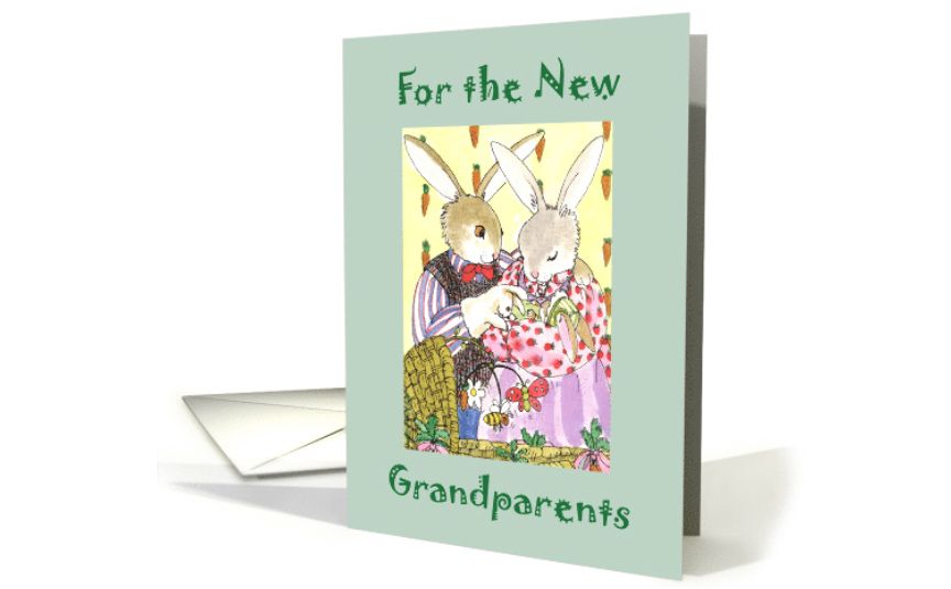 Grandparents Day greeting card with my ink and watercolor illustration of grandparent bunnies cuddling their new grandkid. The words: For the New, is at the top of the card and the word: Grandparents are at the bottom of the card.  © Diana Ting Delosh