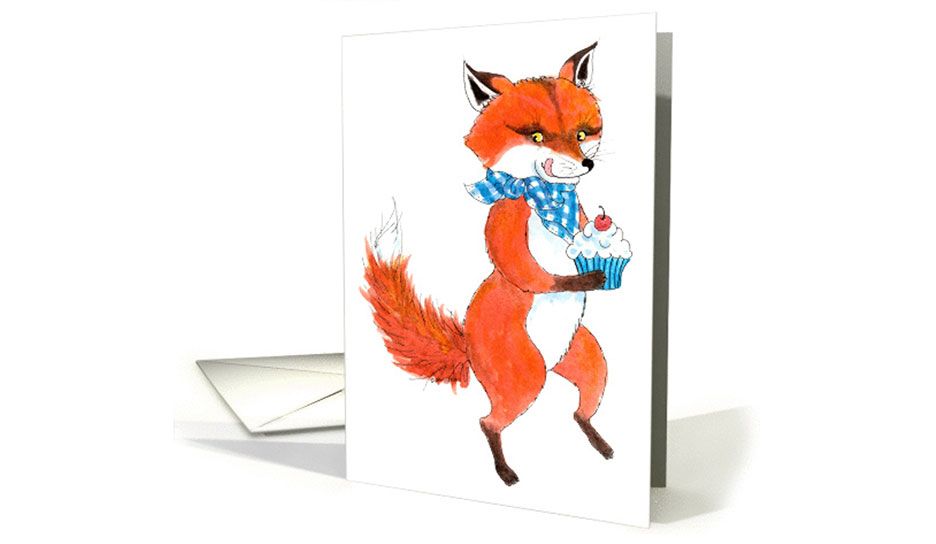 Birthday greeting card with my ink and watercolor illustration of a fox wearing a blue checked scarf and holding cupcake. © Diana Ting Delosh