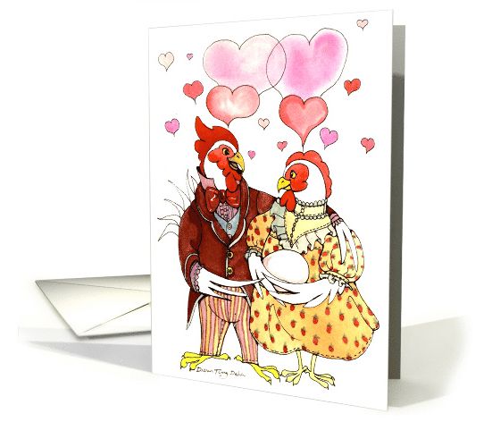 A greeting card for the proud parents-to be featuring my ink and watercolor illustration of a proud and very much in love rooster and hen with their egg. © Diana Ting Delosh