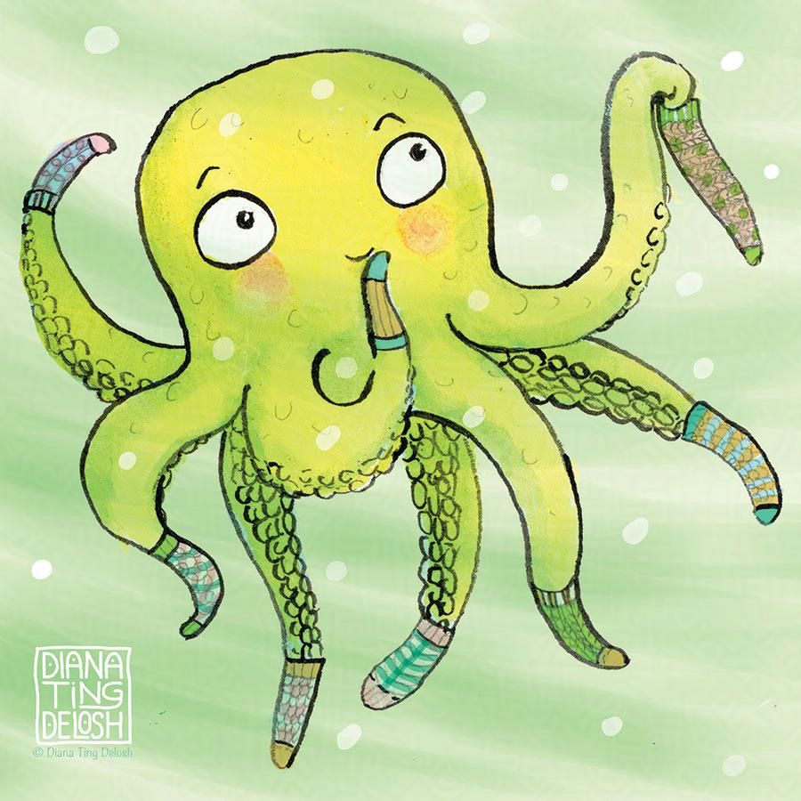 My ink, watercolor, photoshop illustration of a yellow octopus with mismatched socks.  My name chop is in the bottom left corner: DIANA TING DELOSH. © Diana Ting Delosh