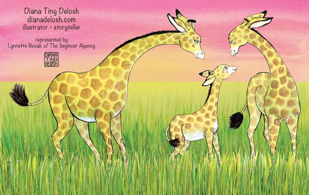 My self-promotion postcard for #KidLitArtPostcard Day featuring my  ink, watercolor with a bit of digital illustration of a giraffe family on the savanna at dawn. The text on the top left: Diana Ting Delosh, illustrator • storyteller, dianadelosh.com, represented by Lynnette Novak of The Seymour Agency. © Diana Ting Delosh 