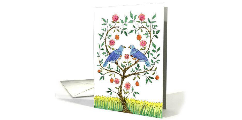 Wedding Anniversary greeting card with my ink and watercolor illustration on a folk art inspired tree with two birds in it. © Diana Ting Delosh