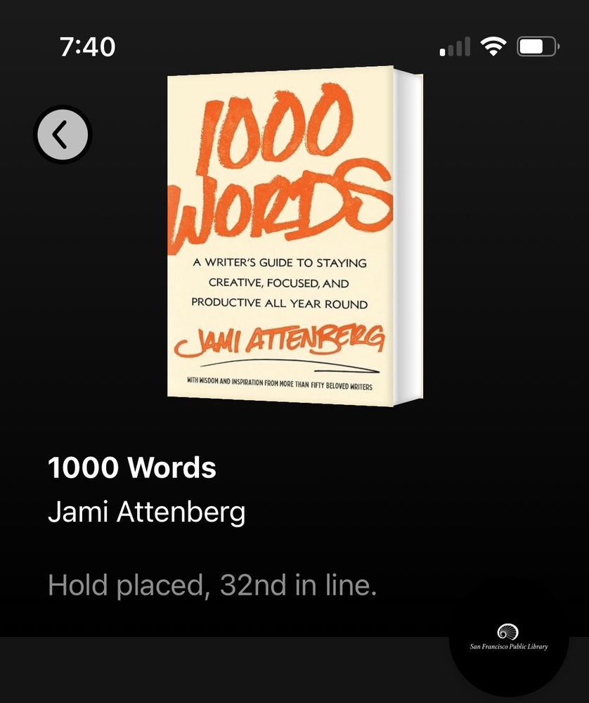 book cover of 1000 words with text stating “hold placed, 32nd in line”