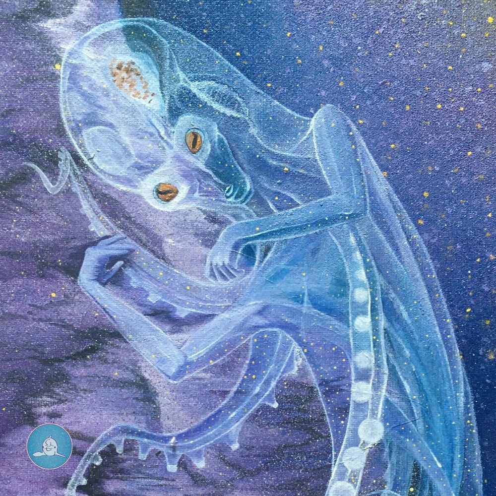 This is a part out of an oil painting showing an alien-like mermaid floating in the abyss, with a rocky wall as a background. I based this creature on an octopus, painting the tentacles and a transparent head. The colors I used are mainly violets and blues with sparks of yellow for contrast. The eyes of the mermaid are also yellow and based on those of an octopus.