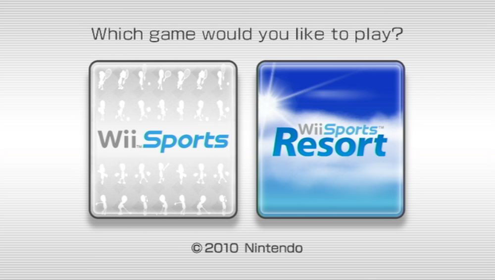 The game select screen for Nintendo's "Wii Sports + Wii Sports Resort 2-in-1 Combo Disc". The text at the top reads "Which game would you like to play?" with Wii Sports and Wii Sports Resort as two separate options, side-by-side. The bottom features copyright text by Nintendo, with a date of 2010.