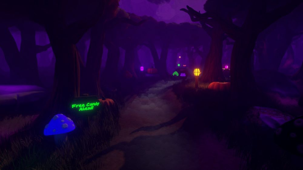 A spooky forest path at night with a purple sky and fog.  A wooden sign reads "Free Candy Ahead" in glowing scrawled green lettering.  Glowing lanterns line the path.