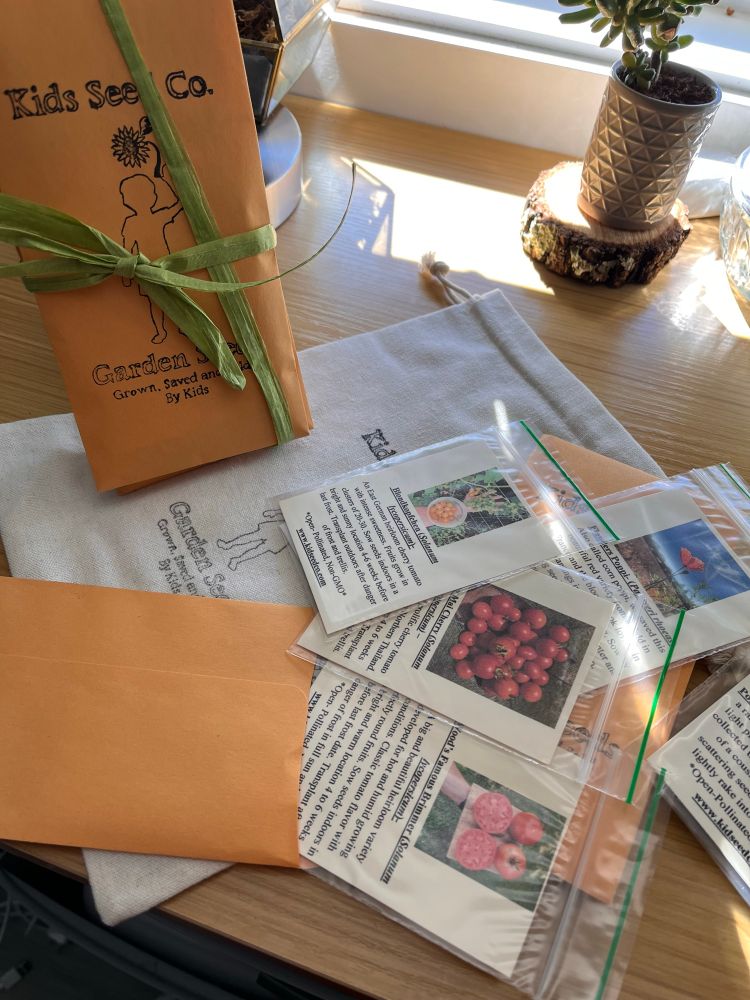 Photo of seed packets on a desk. 
