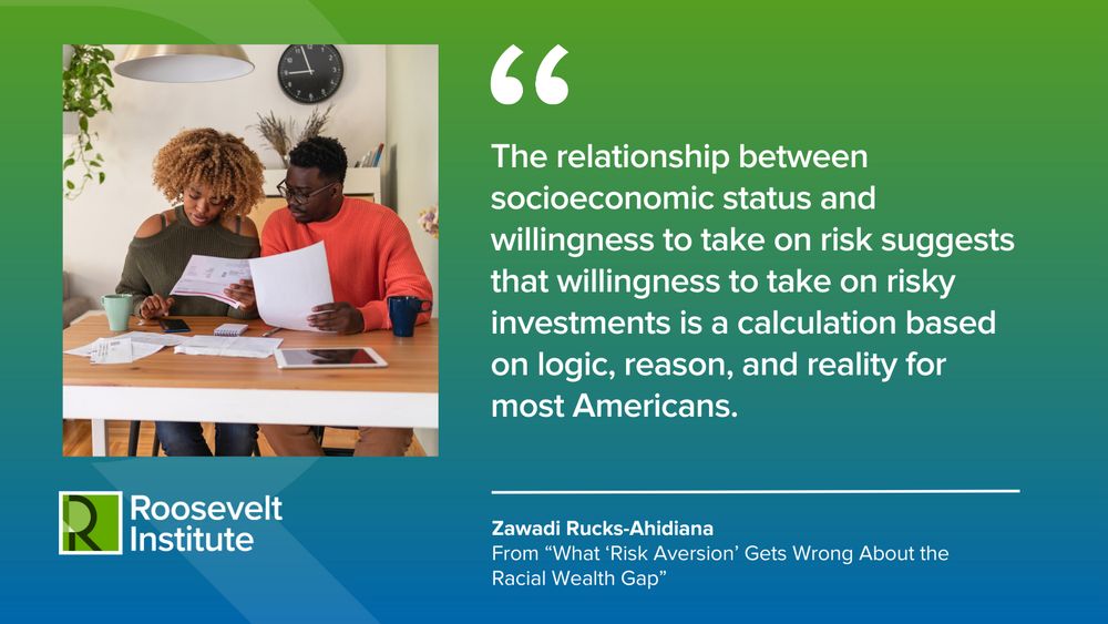 Two individuals review documents at a table under a quote about socioeconomic risk and investments from the Roosevelt Institute's publication on the racial wealth gap.