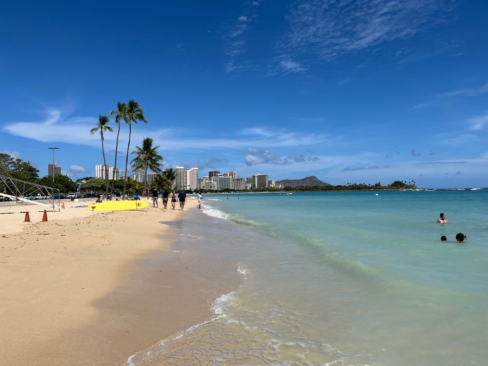 A picture of Waikīkī Beach and Diamond Head Mountain from Ala Moana Regional Park in Honolulu Oahu.