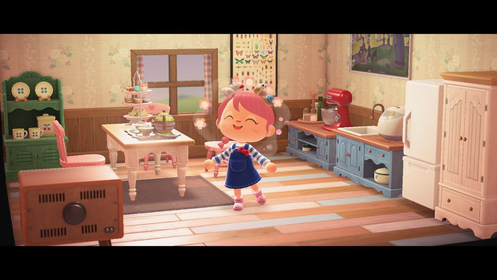 acnh photo — character gleefully showing a ranch style kitchen with multicolored wood floor