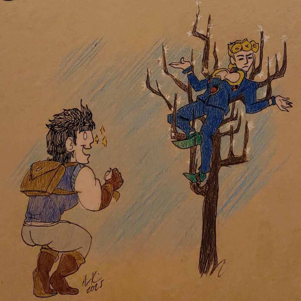 Jonathan Joestar and Giorno Giovanna from Jojo's Bizarre Adventure. Teenage Giorno has used his ability to grow a tree with multiple branches that grow lots of flowers, and is shrugging nonchalantly about his achievement. Jonathan is watching from below, looking very excited and impressed.