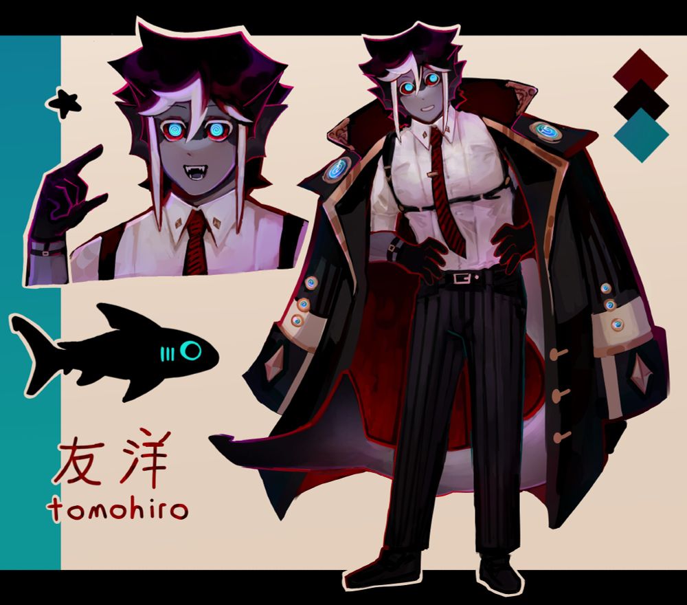 A character is depicted in a digital illustration. The frame is taken up by a full body image on the right half, and a bust of the character on the left. He is wearing a collared shirt, a red tie, striped slacks, and a trench coat layered on top. He has black hair with white streaks in the front. The main colors of the image are dark red, teal, and black. Ummmm idk what else to put  hes a shark lol 
