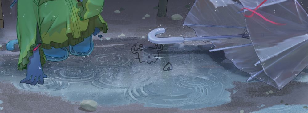 水たまりとビニール傘とキャラクターを描いた絵、の描き途中の画像。色がどんよりしている。