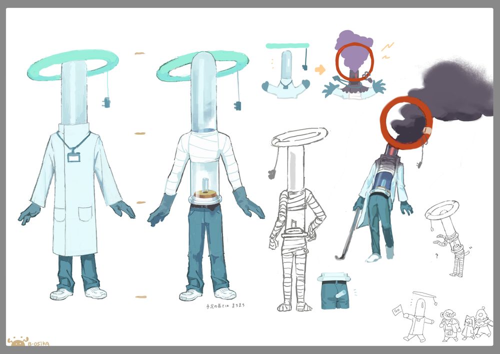 試験管をモチーフにしたキャラクターの設定画。キャラクターは青緑を基調にした、研究員のような姿をしている。また頭上に丸型蛍光灯のようなものが浮いており、平常時は穏やかな緑色に光っている。ボディのガラス部分が破損するとこの光が赤色に変化し、ボディが傷ついた研究員は凶暴化する。ちなみにおしりからしっぽが生えている。