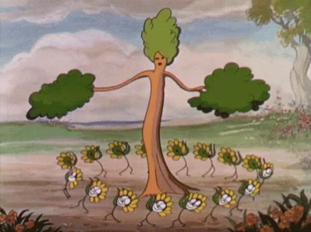 a cartoon of a tree with arms and legs surrounded by sunflowers