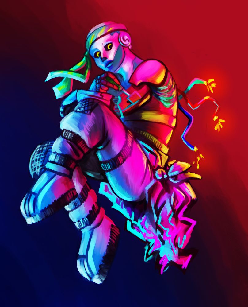 a sleeper robot repairing a panel on one arm while they float in space. Several sparking wires hang off their back