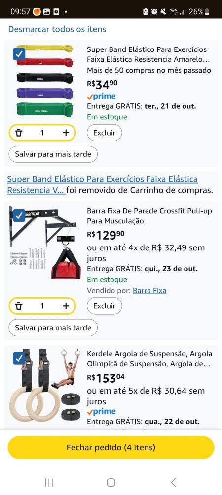 print do meu carrinho da amazon com um kit de elásticos super band (34 reais), uma barra fixa de parede (129 reais) e argolas de suspensão pra ginástica (153 reais)