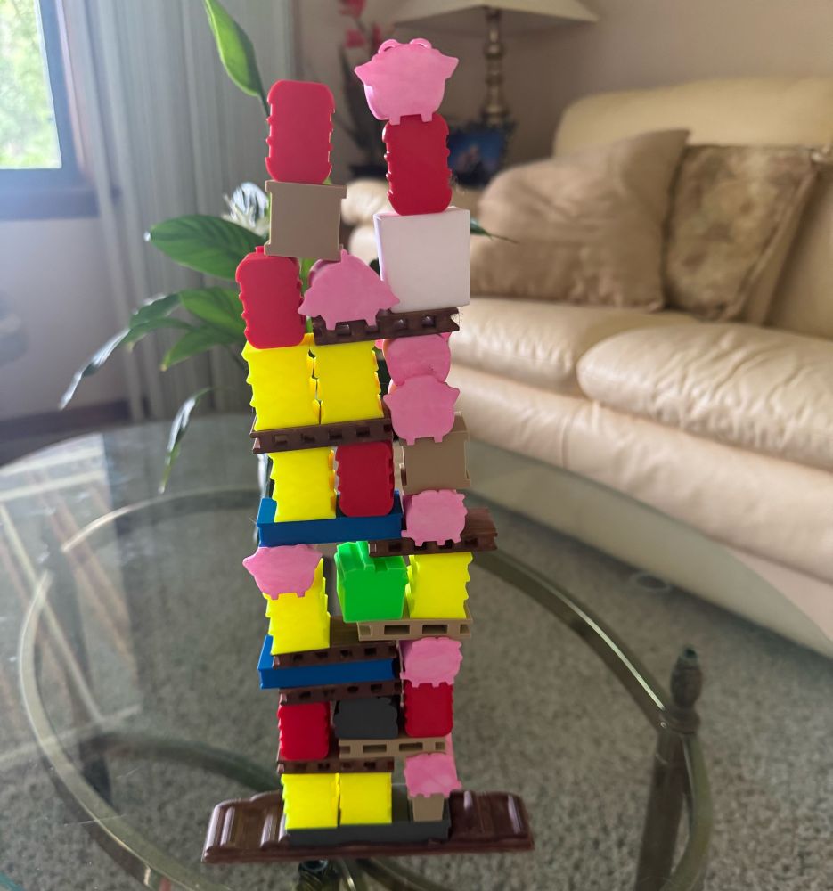 A tall stack of 3D-printed Styscraper items