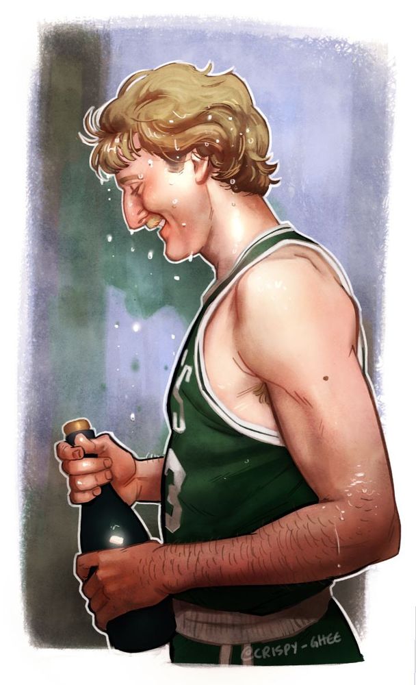 A digital painting of Larry Bird of the Boston Celtics smiling in profile, holding a bottle of champagne in his hands while champagne drips from his hair and face.