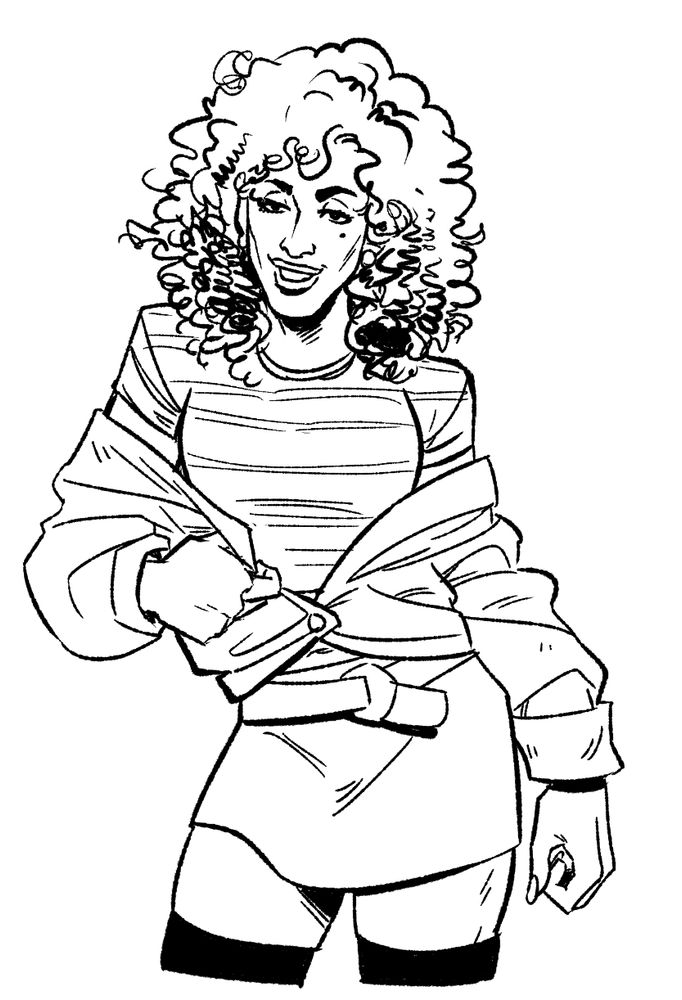 🍳 A digital ink drawing of ChiChi Rodriguez from To Wong Foo Thanks For Everything Julie Newmar. A drag queen wearing a curly wig, wearing a miniskirt and a striped belly shirt, and an off the shoulder jacket on top of it