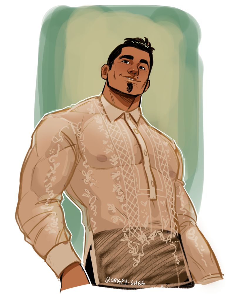 🍳 Filipino Mexican man wearing a barong tagalog, a sheer, traditional filipino dress shirt with embroidered details. Un-traditionally, he is not wearing a camisa de chino, an undershirt, underneath it, making his chest visible through the cloth. He looks pleased with himself.