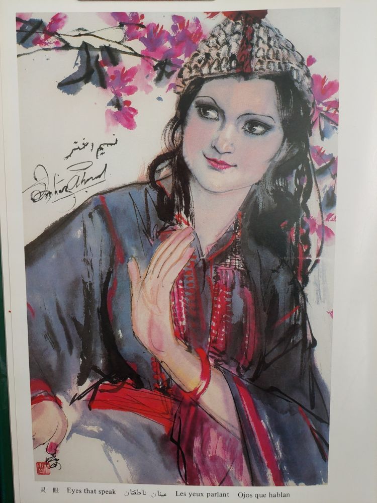 A woman in traditional wear holds a hand up. Titled "Eyes that speak."

Paintings of Pakistan by Lin Yong and su Hua from their book "Pakistan."