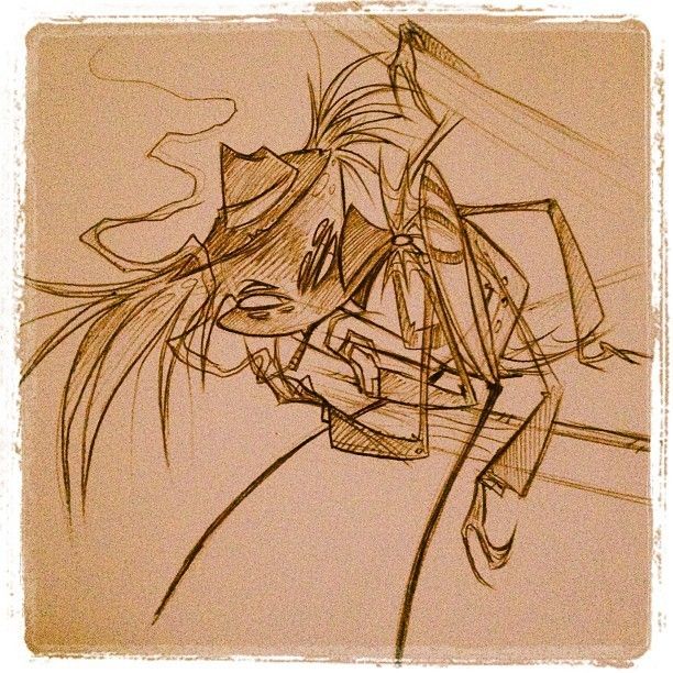 An old sketch of Arackniss. He's smoking a cigarette and slouching over.