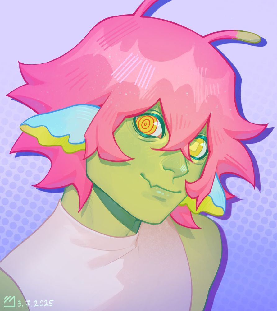 A alien looking humanoid with light green skin and pink hair is looking at the imaginary camera. His head is at a three quarter view (his nose is pointing to the right) and the right shoulder is raised while the left one is more lowered/relaxed. 
The length of his hair reaches slightly over his jawline and it has a spiky silhouette. On top of his head there are two pink antennas sticking out. The tip of the antennas is the same green as his skin. He has light blue and light green ears poking through his bangs. They’re shaped similarly to sheep ears but the outside is light blue and inside is light green. 
He is smiling with a sharp tooth is peeking out. He has two different irises and pupils. The left iris is yellow with red circles getting smaller the closer to the pupil they are. The pupil itself is a tiny red circle. The right iris is a slightly more green-ish yellow with a big light yellow rectangle as the pupil. 
He is wearing a white sleeveless turtleneck.
The background is a light blue with a gradient of darker light blue dots. 