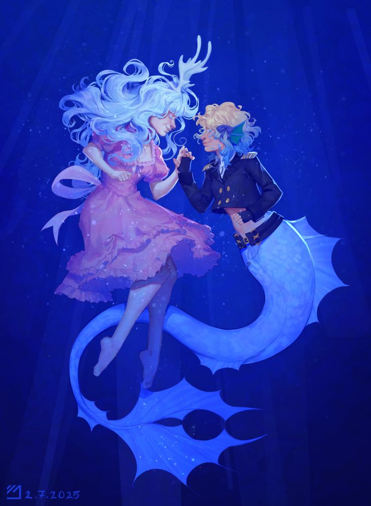 There are two people looking at each other smiling and holding hands. They are underwater and all the colors has a vibrant blue tone overlay to it. 
The person on the left is Anastasia and she is a humanoid with long wavy and flowy white hair and pale skin. She has two white antlers sticking out of her head. She is wearing a frilly bright pink dress with a big brighter pink bow on her back. Her dress is softly floating because of the water. 
The person to the right is Miryam and she is a mermaid. Miryam has wavy medium length hair with a blonde and blue gradient.  She is wearing a black sailor captains coat with gold buttons and white and gold shoulder pads. She has a white shirt beneath the coat and a big black belt with gold rings that covers the transition from her skin to her light blue scaly mermaid tail. Her mermaid tail has spiky dorsal and cuadal fins. Attached to her belt is a small silver chain with a key. 
Miryams mermaid tail is very gently and loosely wrapping around Anastasia’s legs. 
In Miryams hair there is a small dark blue bow right above her blue and green webbed ears. 

Yap section: This is technically a revenge for last year since Kawaiikitty99 revenged me in the last ten minutes of Artfight… and I wanted to draw lesbians :3 