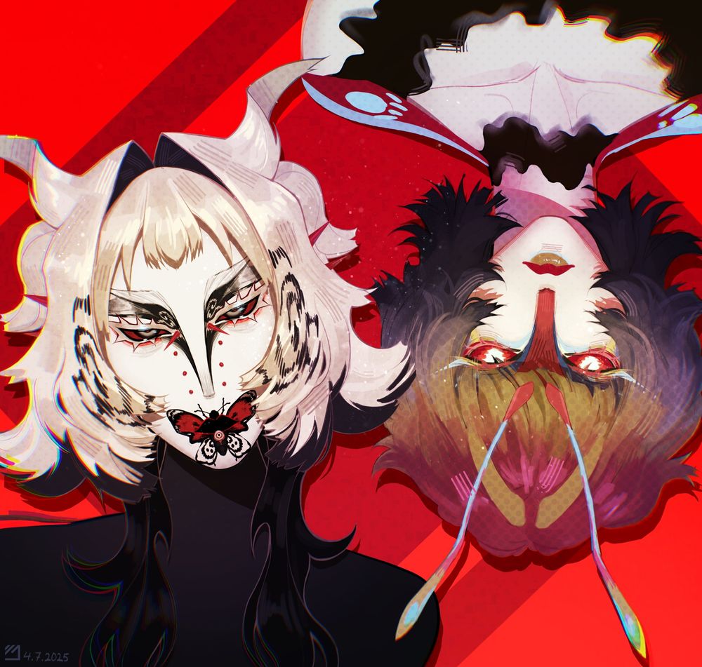 A digital drawing of two insect inspired humanoids lying beside each other in opposite directions. None of them have names but the oc’s belong to Mothvx on artfight.

The character to the left has very pale skin and ever so slightly more pale blonde hair. They appear to have a jellyfish haircut where the long hair “jellyfish” part is black instead of bone white. They have classic wispy + curtains bangs where the curtain bangs have a black moth wing pattern. The same pattern appears on their eye corners. Their makeup is very goth inspired with white lashes and red outlining the bottom of their eyes. The scleras are red and their irises are bone white with red pupils and a black outline. There are two spiky red bridge piercings with six round red piercings, three on each side of the nose.
They are wearing black lipstick with a thin red outline. There is a red, white and black moth painted on and around their mouth. 
Everything from the neck and down is covered by a black turtleneck. 

The character to the right has a bone white skin tone. Their eyes, eyelids and long eyelashes are painted with light red, blue and yellow. The eyes are red with white irises. Their entire nose and nose bridge is a dark red and red gradient with a navy blue outlining at the top/furthest of the bridge.
 Their top lip is red and their bottom lip is a light brown yellow color with a light blue line the bottom. 
Their haircut appears to be a fluffy layered bob with a gradient with multiple colors. The top is a medium dark magenta that transitions into a yellow light brown color. Below that it’s purple and lastly it becomes a desaturated navy blue at the bottom. 
There are two red, light blue and yellow antennas that start at her eyebrow level. 
Her shoulders are covered two red shoulder pads with a light blue line and circles. On her neck and below her collarbones are black wavy layers.

The background is an intense red with a dark red diamond shape framing both of their faces.