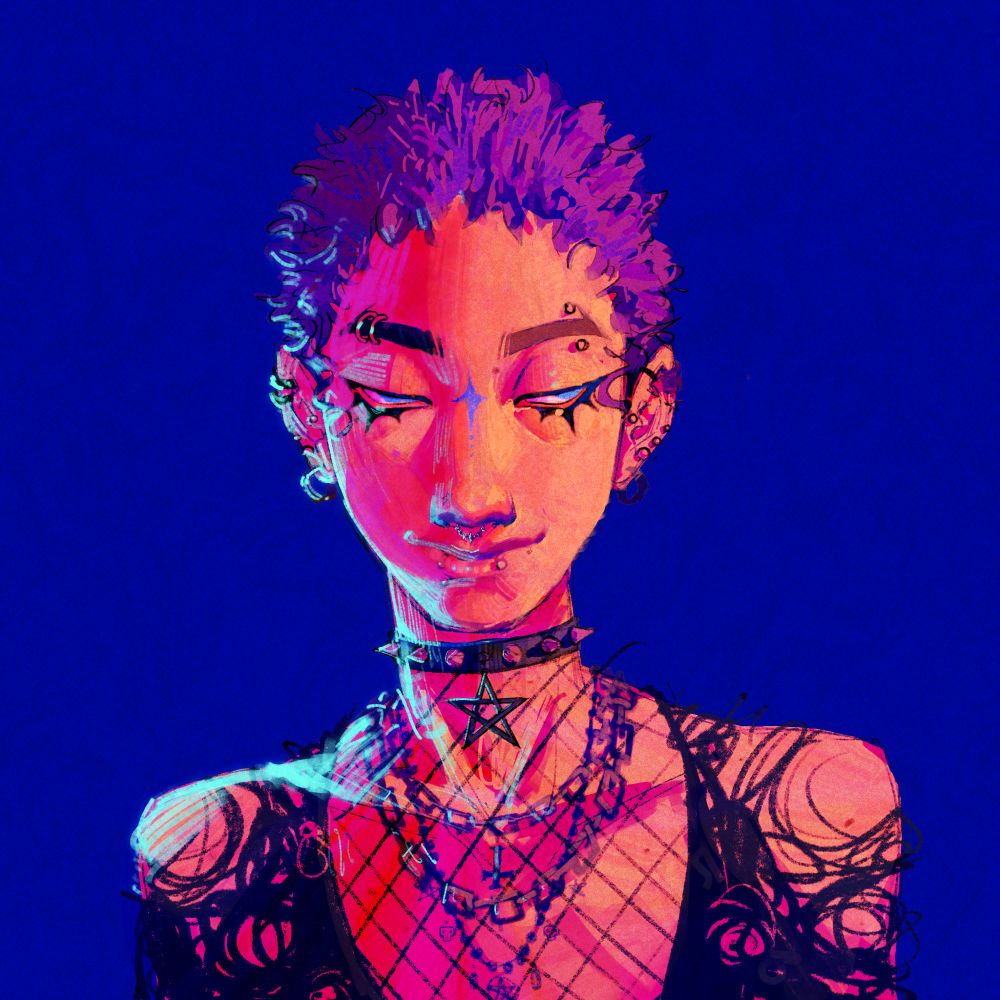 A colourful portrait of a person with a lot of piercings and jewellery