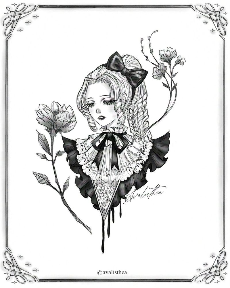 Drawing by Avalisthea. Illustration of beautiful girl with flower. Black and white version. Character name Alice DeRoss from Identity V