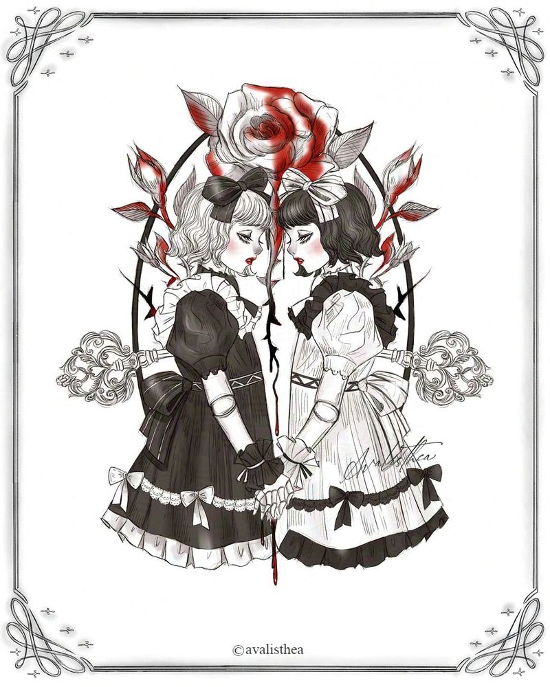 Drawing by Avalisthea. Illustration of two antique dolls holding hands together. 