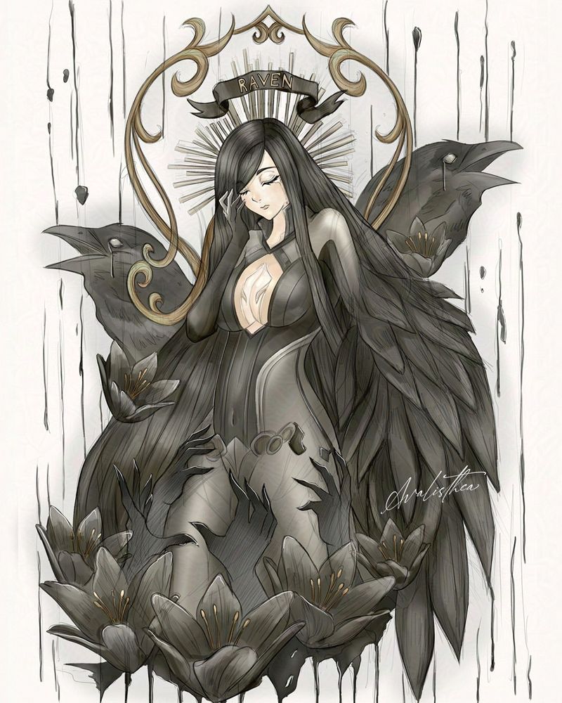 Illustration woman with long black hair surrounded by flower and crow