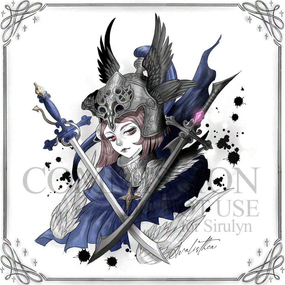 Drawn by Avalisthea. Illustration of female knight about to wearing her helmet. With two swords opposite each other. 