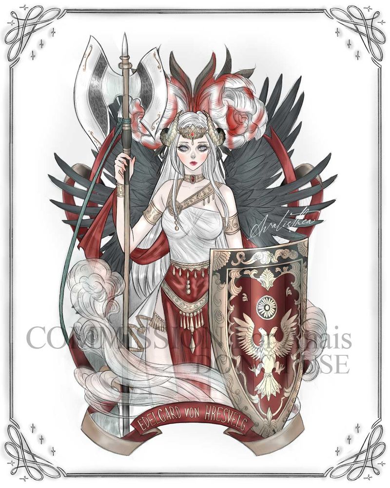 Drawn by Avalisthea. Illustration of white haired woman wearing crown holding battle axe and great shield. 