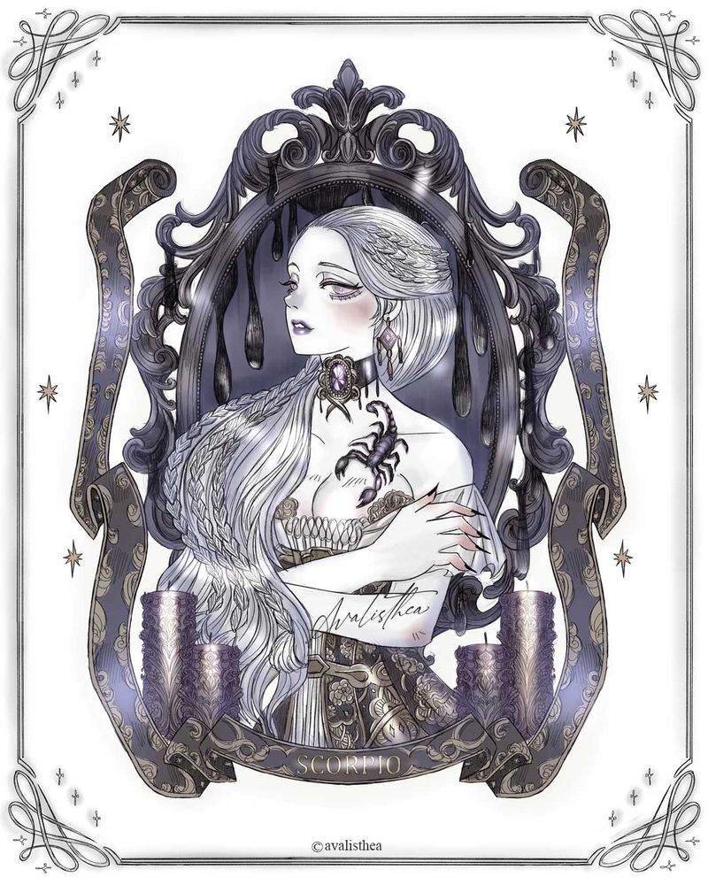 Drawing by Avalisthea. Illustration of beautiful woman with braids in her hair. In her chest, there's a scorpion. This drawing represent zodiac Scorpion