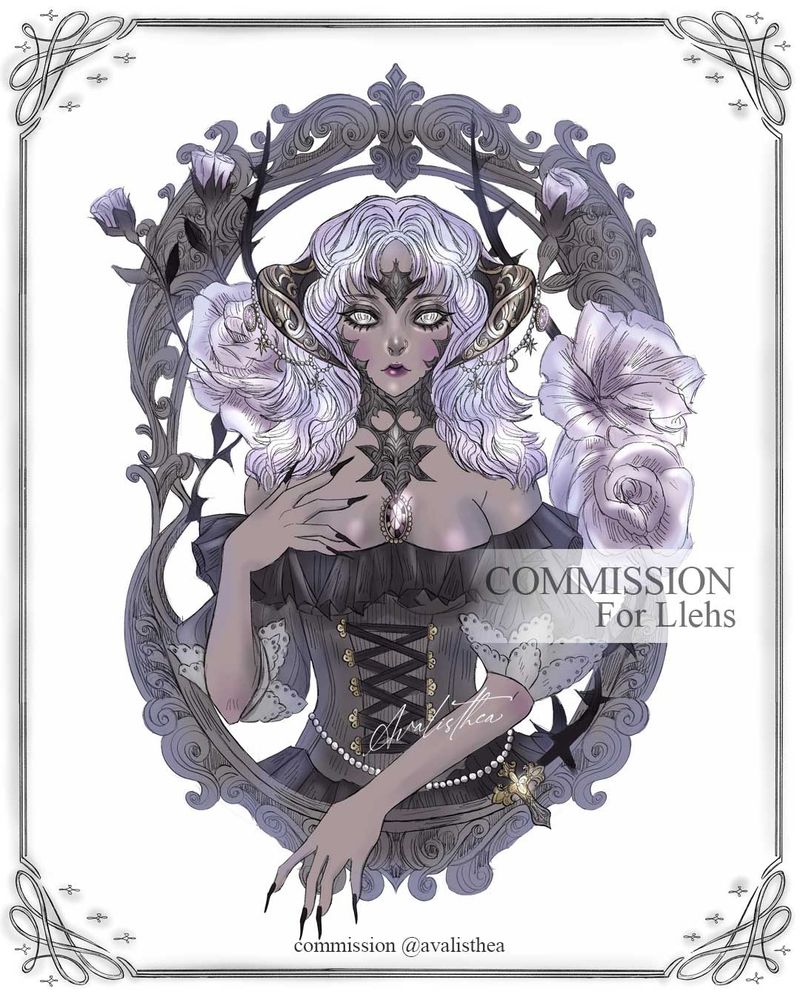 Drawing by Avalisthea. Illustration of beautiful lady with horn from race called Au'ra. Fanart of Final Fantasy XIV, MMORPG from Square Enix