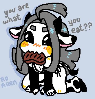 An MSPaint drawing of Rain on all fours wearing a cow-themed bikini, arm warmers, and leg warmers. He also has cow ears and horns. He holds a steak in his mouth, looking a little flustered. The words around him say, "You are what you eat??"