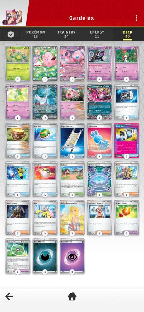 Screenshot of pokemon tcg live for mobile displaying an average Gardevior ex decklist