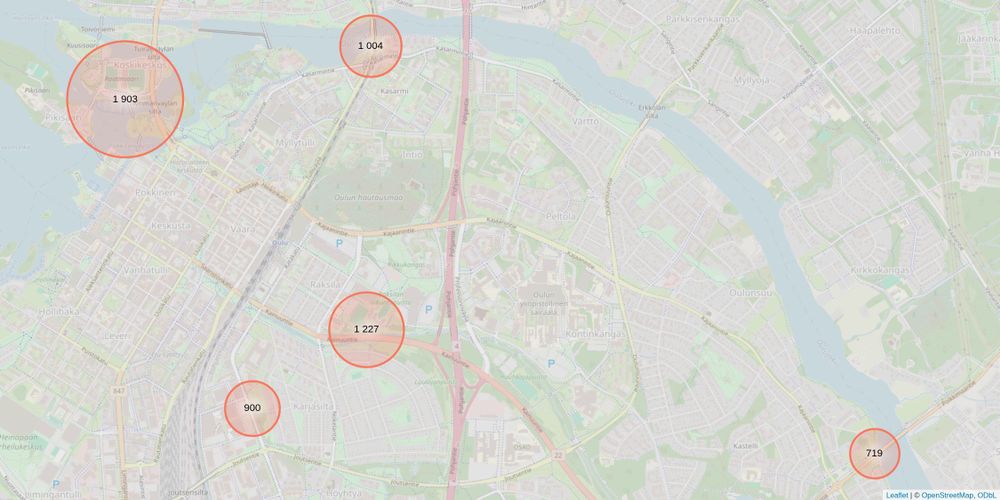 Oulun top 5 pyöräliikenteen mittauspisteet kartalla