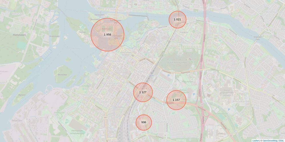 Oulun top 5 pyöräliikenteen mittauspisteet kartalla