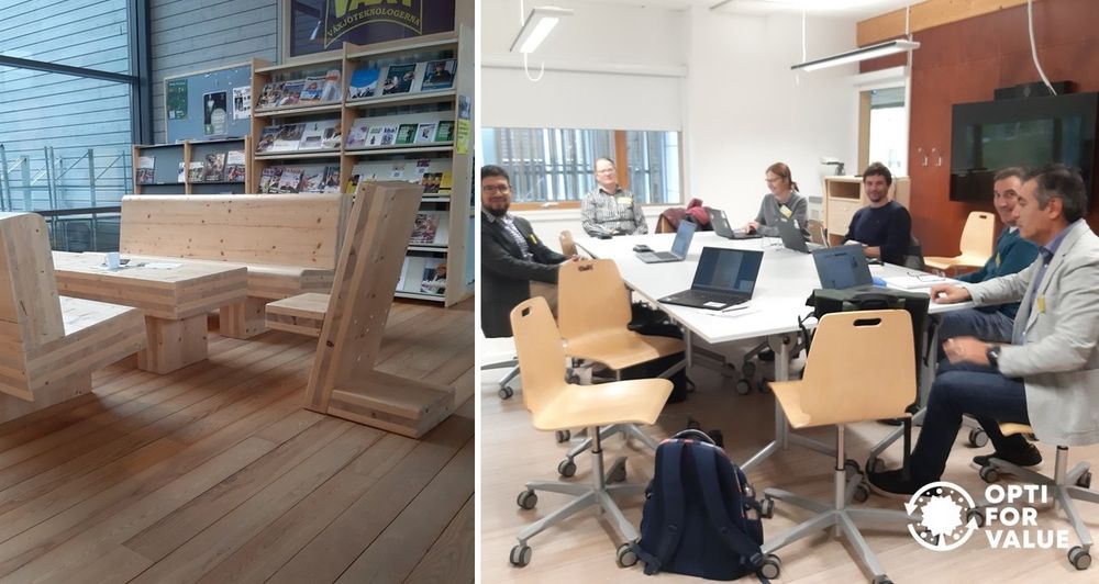 2 photos: 1 of wooden seating surrounding a table, with wooden bookcase behind it. the second photo, is of people in a small meeting room, sitting around a table with laptops out and discussing the project