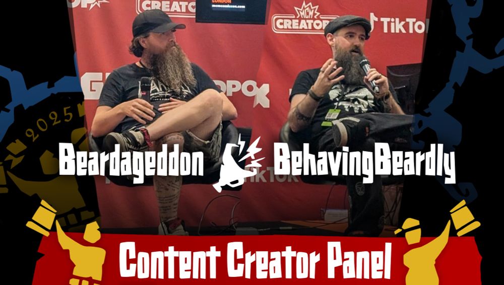 2 men with beards and hats sat on a stage in front of a red drape with the words Creator and TikTok splashed across it. The man on the right is holding a microphone and speaking wan audience 