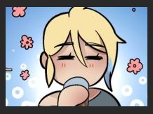 Chibi May drinking some soda, flowers flying over her head with hapiness